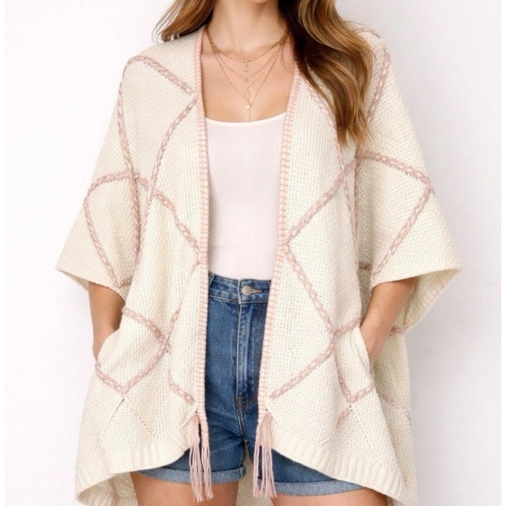 Lagenlook Boho Open Knit Oversized Cardigan Cream Whipstitch Fringe Sz L Western